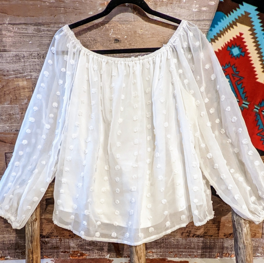 White Sheer W Pompoms Overlay W/White Underlining Top Tunic